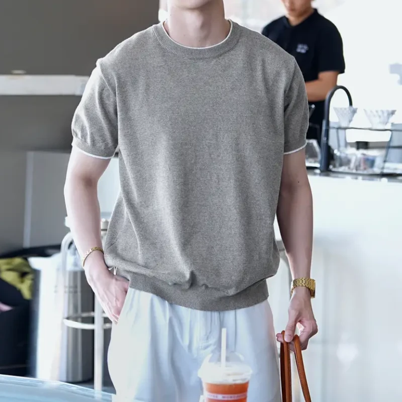 『暮染夏霜 简约通透』轻奢老钱风冰爽棉撞色慵懒百搭针织圆领T恤