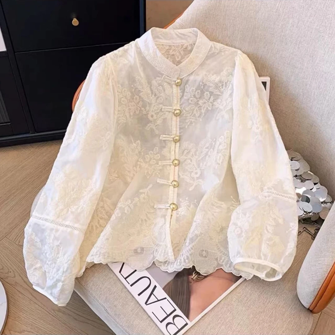 新中式盘扣蕾丝刺绣轻薄显瘦百搭气质衬衣绣花宽松