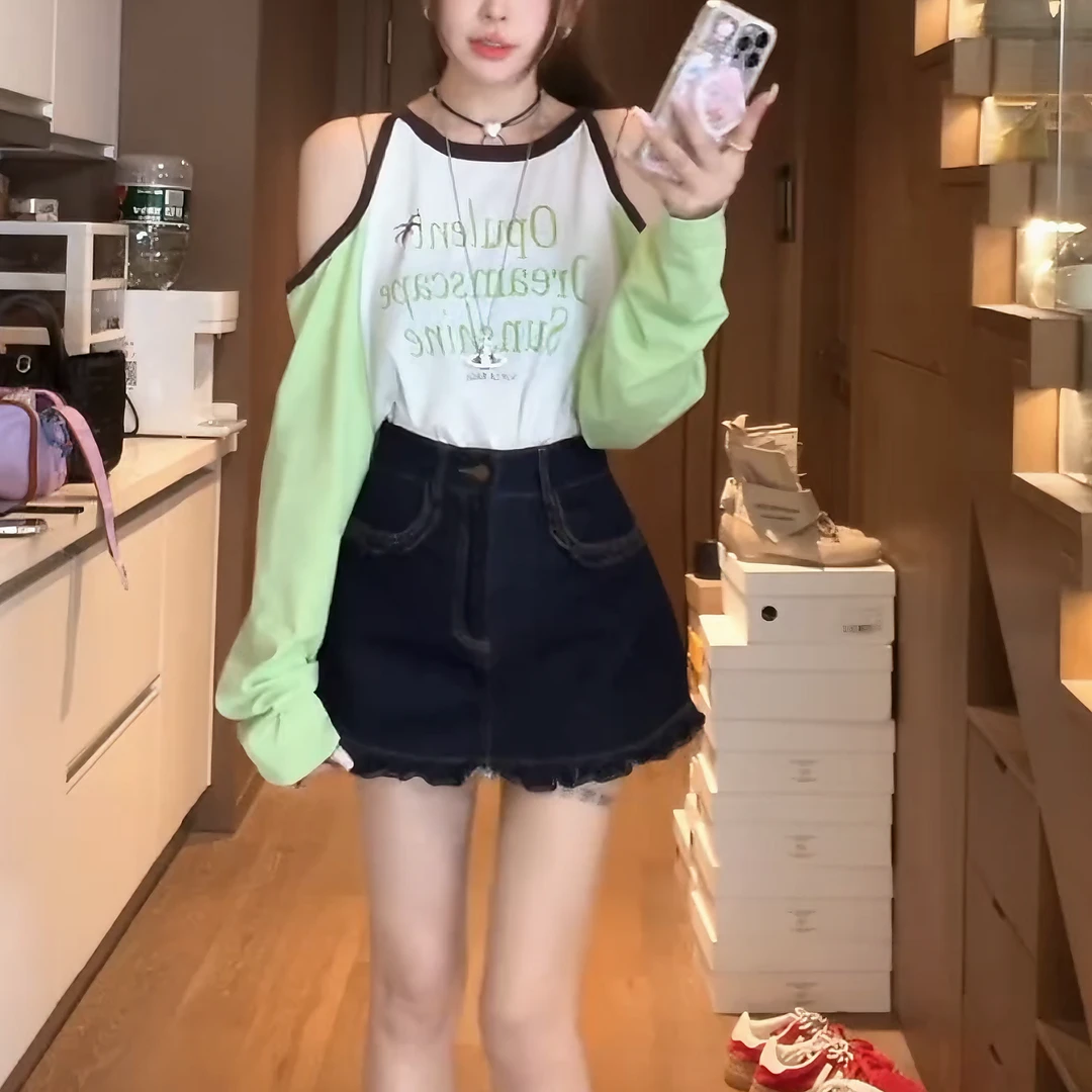 【许愿池少女】拼色漏肩字母防晒T恤+木耳边普洗牛仔半裙LK2503801