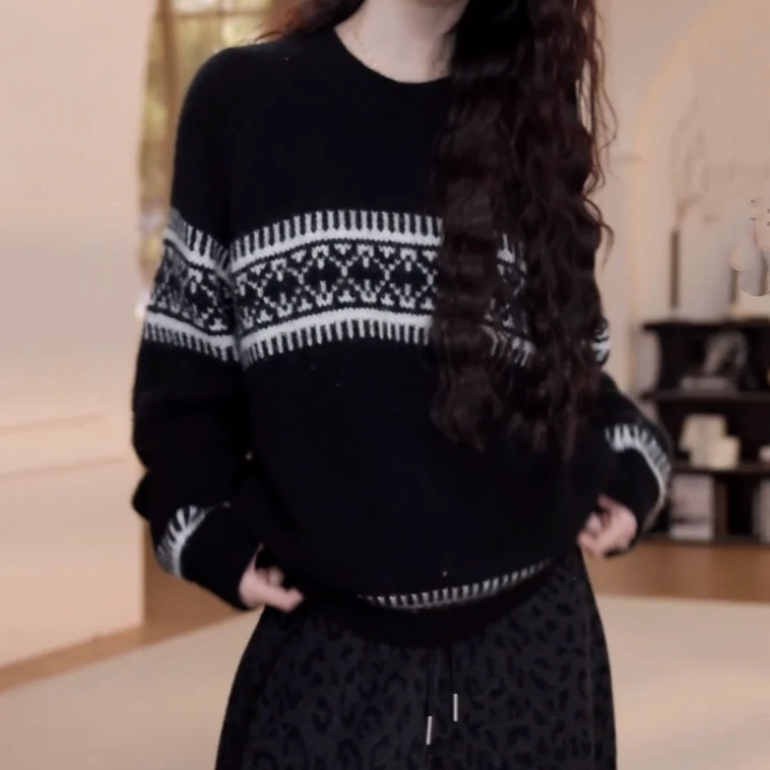 2025新款时尚百搭宽松圆领费尔岛毛衣女秋冬休闲复古长袖针织衫