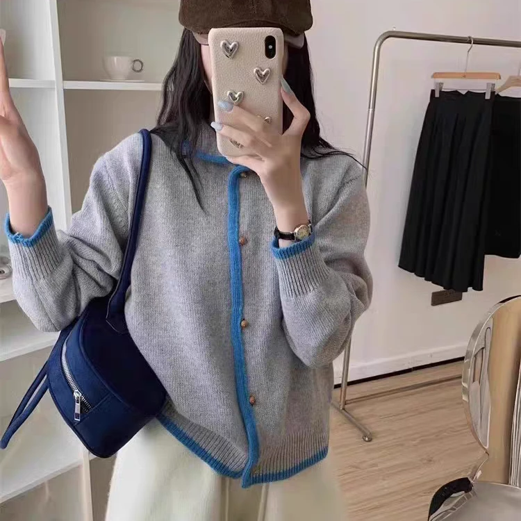 佩佩 韩版减龄娃娃领毛衣外套女早春新款显瘦针织开衫上衣175