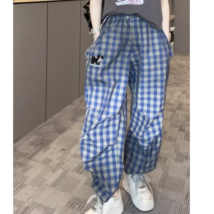 【夏日格调】夏季新款时尚潮流百搭做旧格纹小狗图案束脚女裤6663-1