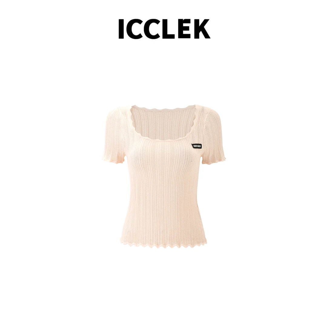ICCLEK 夏季粉色木耳边短袖针织衫T恤休闲百搭修身显瘦上衣-5589