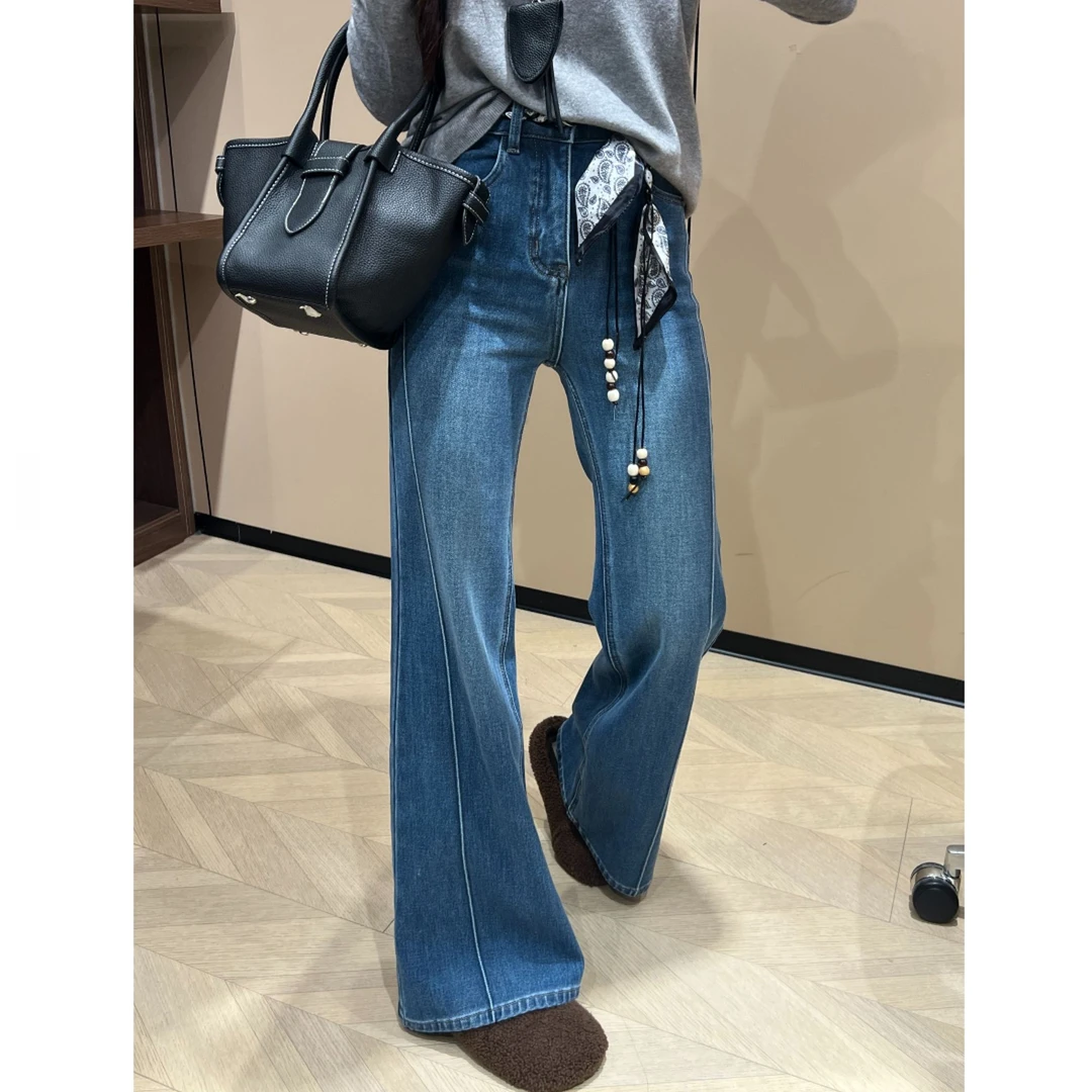 设计感鱼骨边弹力微喇牛仔裤女冬新款梨型身材修身显瘦加绒直筒裤