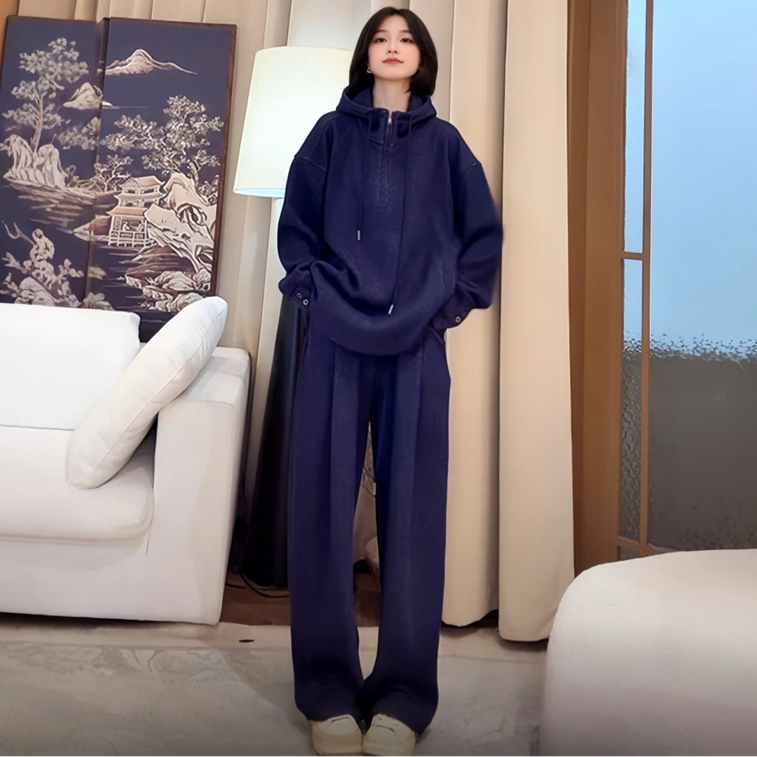 半拉链抽绳连帽加绒套装女2025秋季大码胖MM减龄上衣+裤子两件套