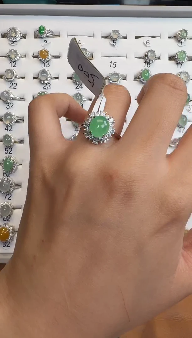 银S925镶嵌戒指翡翠通体925银镶缅甸A货翡翠戒指239