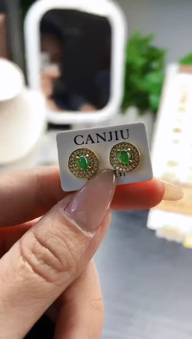 银S925镶嵌翡翠耳饰V****）12