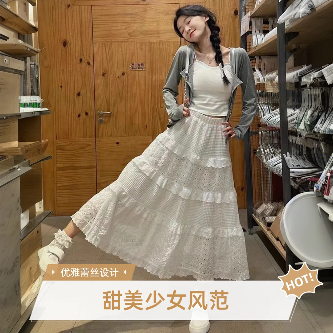 蕾丝半身裙子女2025春夏季新款温柔风白色拼接高腰褶皱大摆蛋糕裙