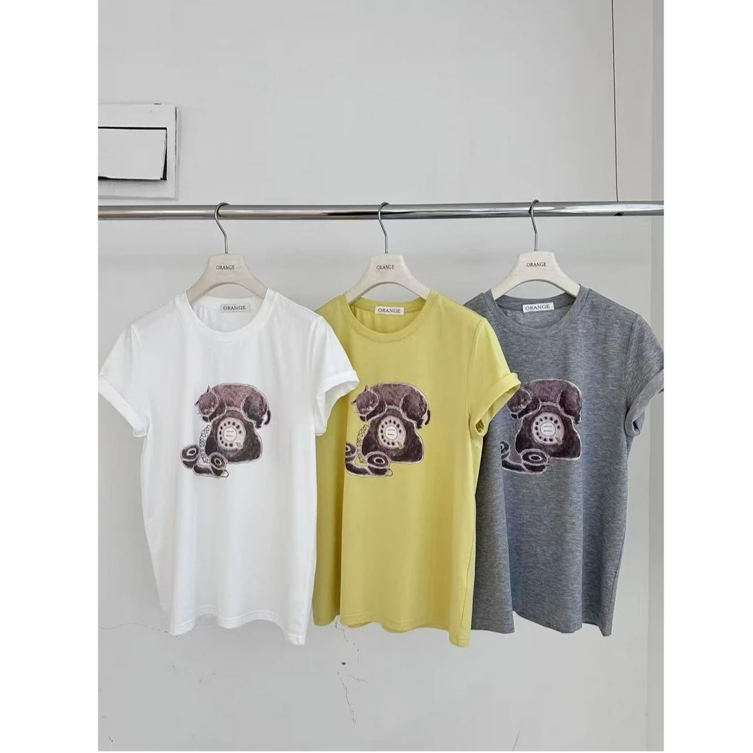 十三行Orange-夏季福秒慵懒猫咪电话圆领短袖T恤#R1568