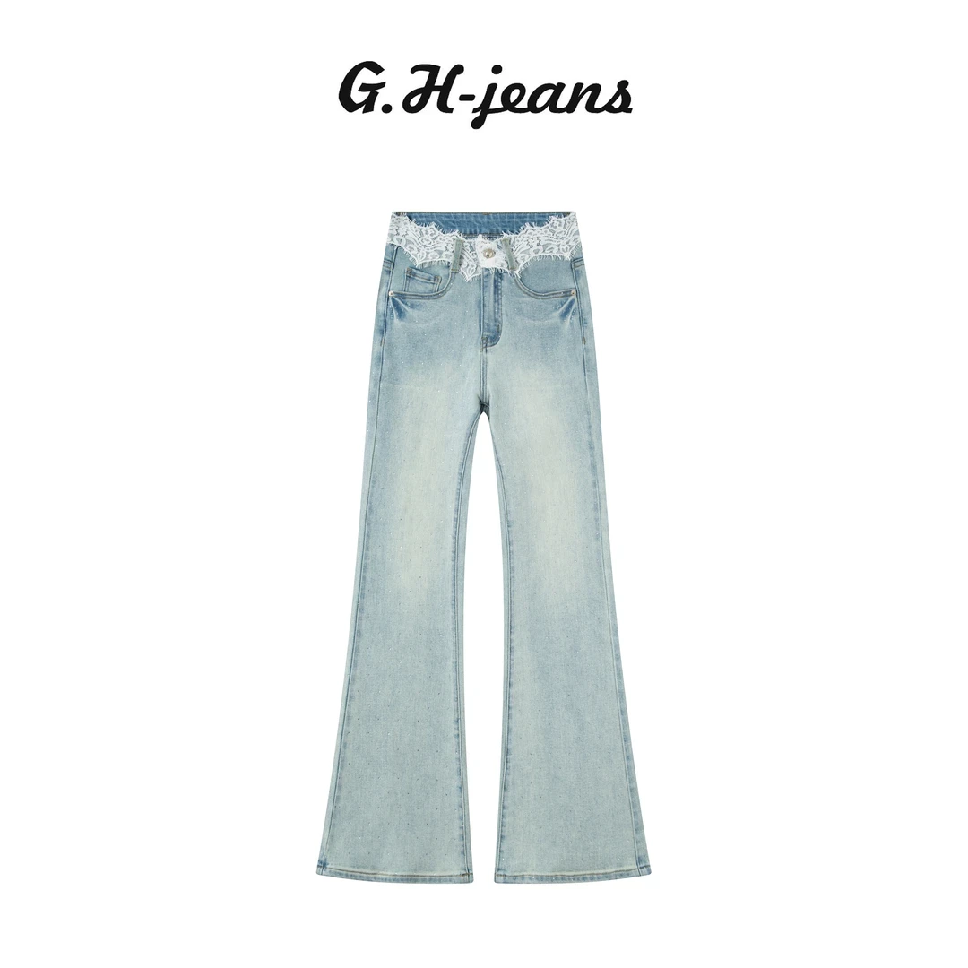 【欧若风】早春穿搭星魅蓝新款烫钻蕾丝仙女风百搭高腰微喇牛仔裤女