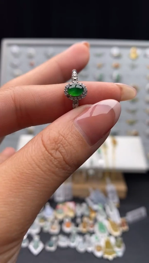 银S925镶嵌戒指翡翠天然A货翡翠