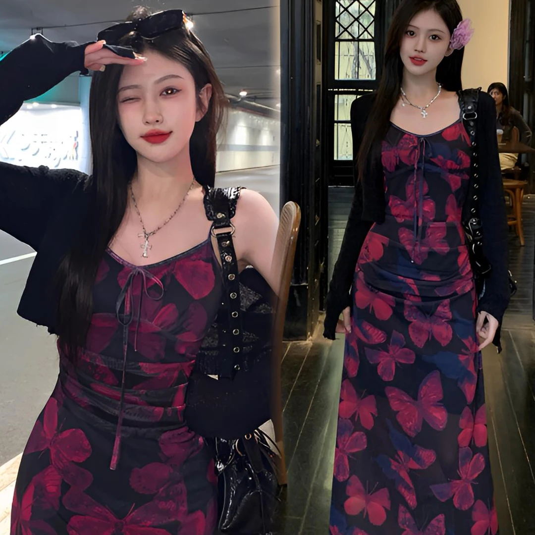 春季大码女装蝴蝶印花连衣裙开衫两件套女胖MM藏肉显瘦长短款裙女