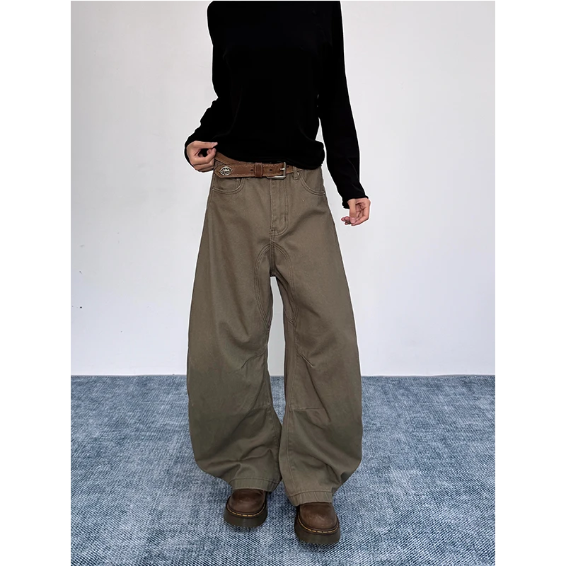 URKR美式复古褶皱廓形弯刀裤男女水洗做旧百搭宽松阔腿牛仔裤