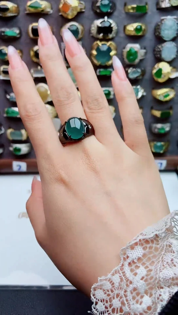 银S925镶嵌戒指翡翠天然翡翠男戒