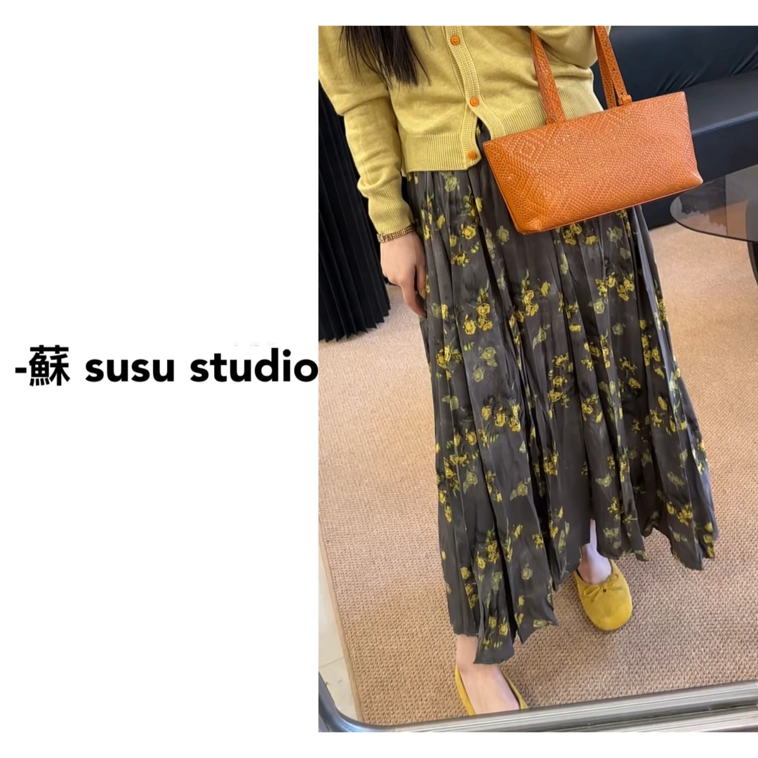 松紧腰复古小碎花百褶半身裙垂感中长裙2