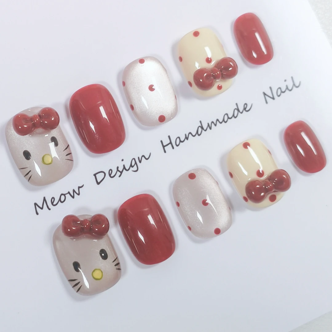 [猫咪甜心]可爱猫咪卡通猫眼短款穿戴甲手工美甲显白高颜值