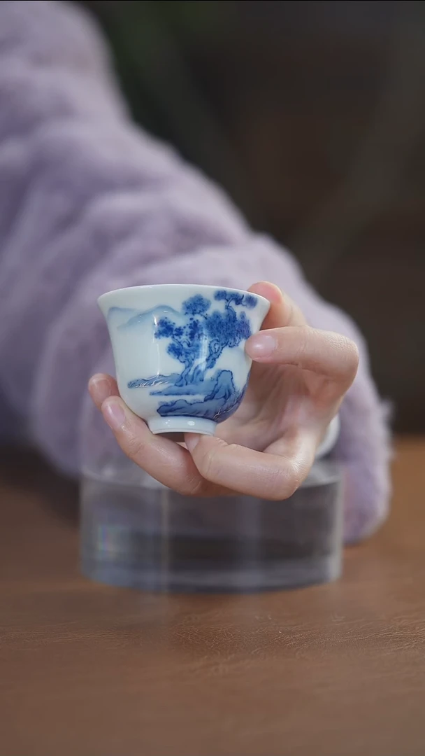 描银青花松树闻香杯