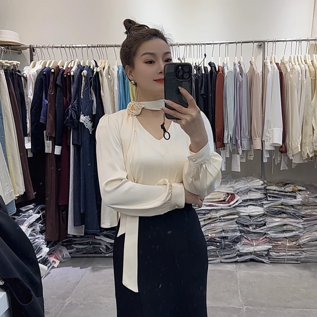 [qiuqiu家]法式衬衫秋季衬衣长袖V领上衣衬衫