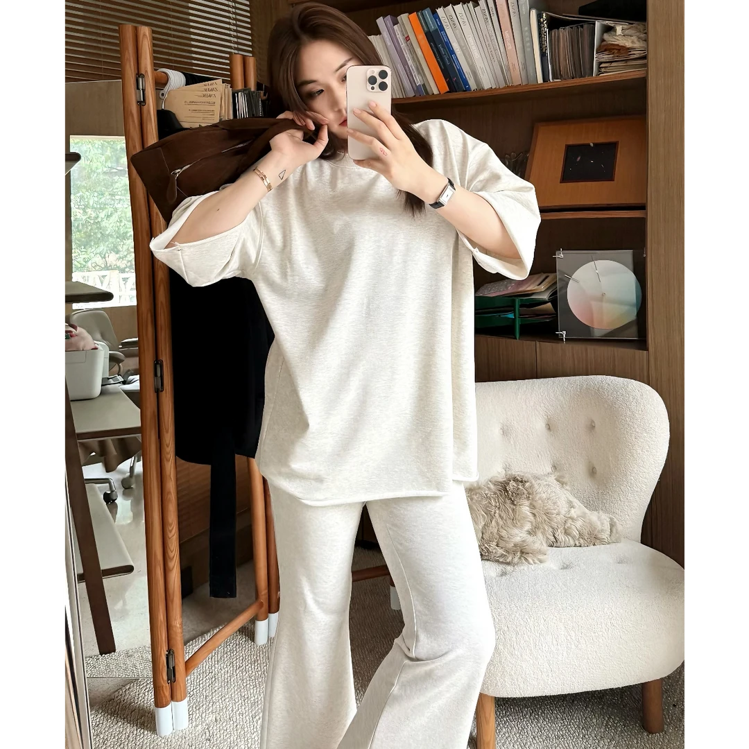 OSENSO"自由人"休闲百搭宽松气质短袖卫衣+微喇卫裤TZ250229