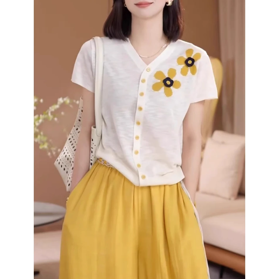 花朵冰丝薄款针织衫女2025夏季新款爆款气质漂亮假开衫小众上衣