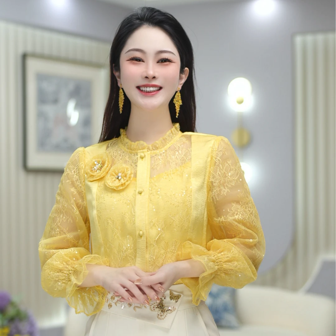 米娅 春季新款洋气百搭气质长袖衬衫时尚拼接宽松显瘦衬衣 DY5491