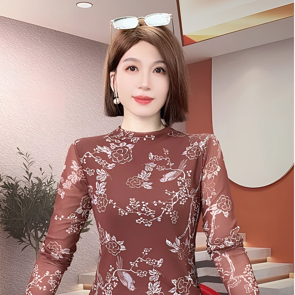 欧货印花打底衫女秋冬新款修身长袖T恤高级感时髦洋气网纱上衣潮