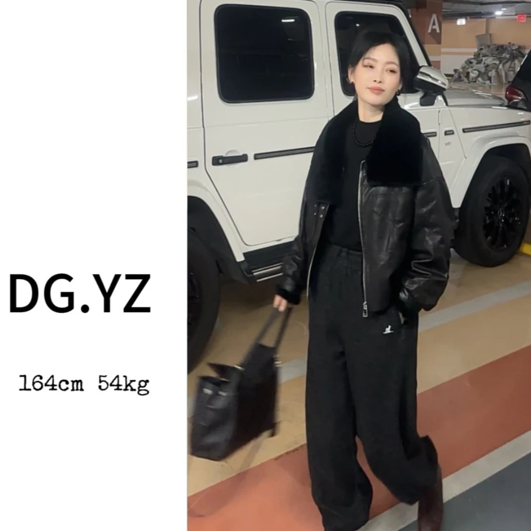 【樱子家】61819F新款美式机车风皮毛一体拼接翻领长袖短款鹅绒服