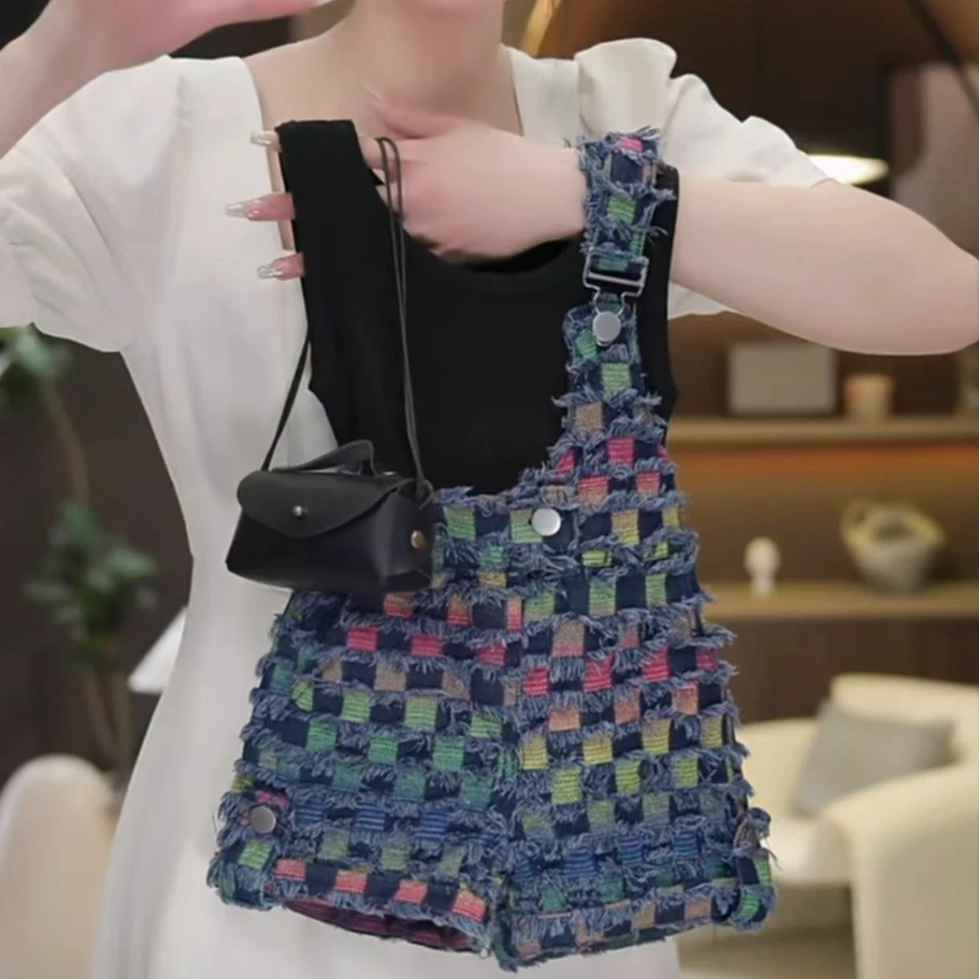 女童夏季斜肩牛仔吊带裤2025新款女宝洋气七彩格子牛仔裤套装