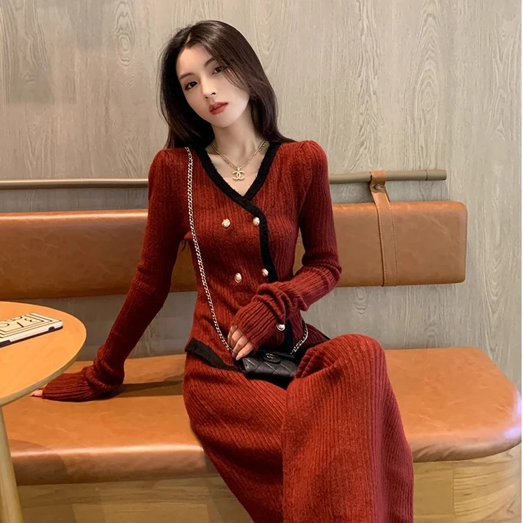 红色小香风针织套装女秋冬显瘦减龄气质高级感休闲阔腿裤两件套