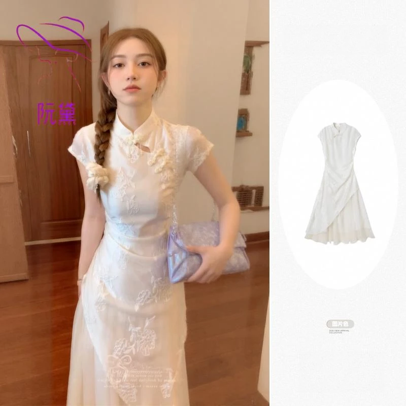 阮黛新中式优雅改良旗袍连衣裙白色夏季盘扣斜襟收腰长裙子设计感