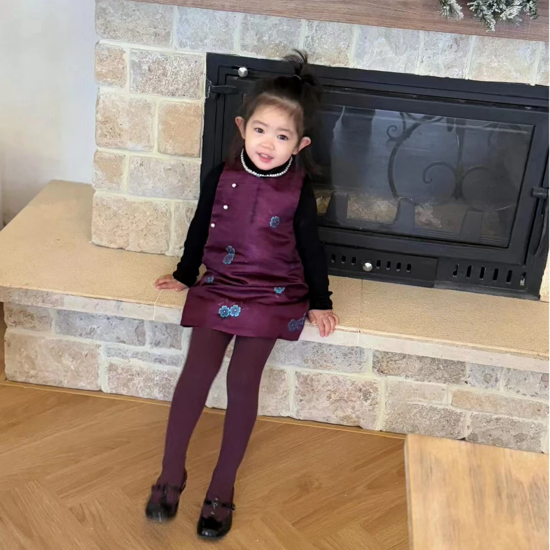 壹妈中国风童装女童紫色旗袍裙套装秋冬儿童新中式夹棉连衣裙上衣