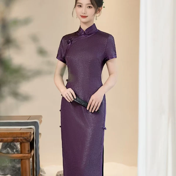 GUXI/故汐优雅显瘦提花复古紫色日常修身夏季旗袍印花气质