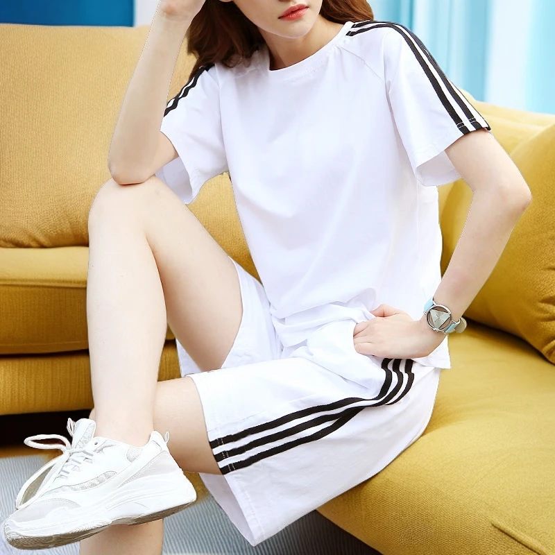 【纯棉】休闲运动服夏季宽松大码短袖短裤五分裤两件套宽松套装女潮