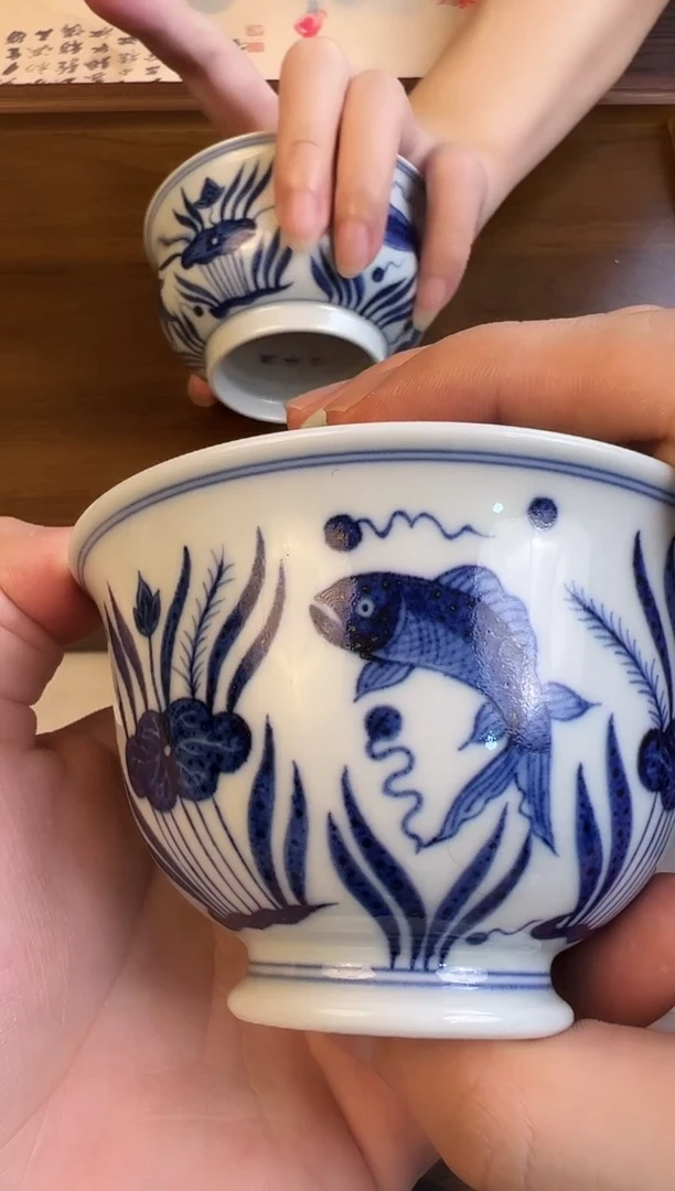 问青坊纯手工手绘青花鱼藻柴窑二才盖碗
