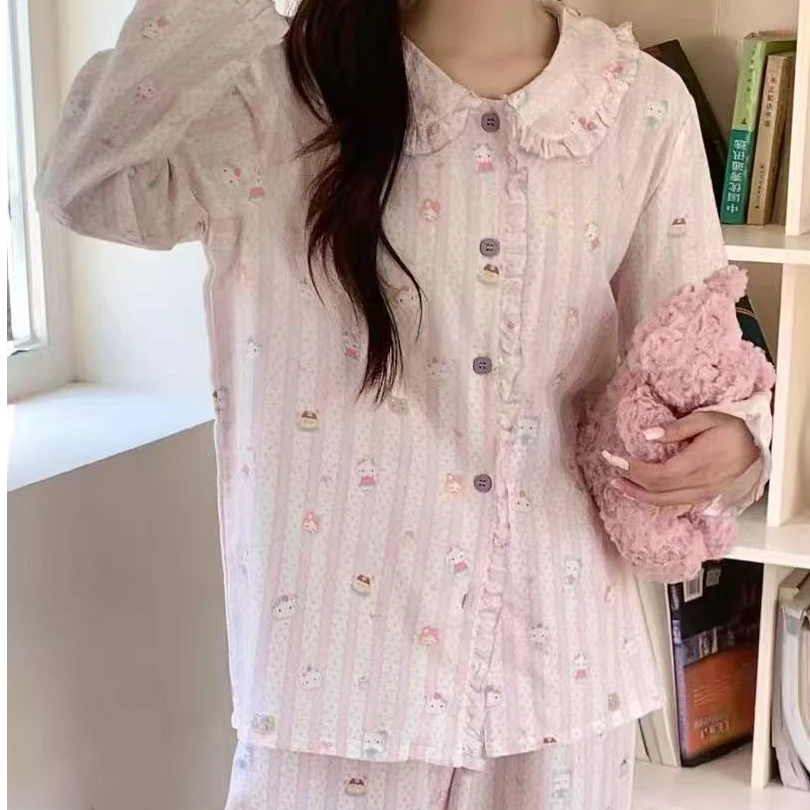 【豆爸专享】全棉双层纱轻薄舒适女款方领家居服舒适睡衣-条纹