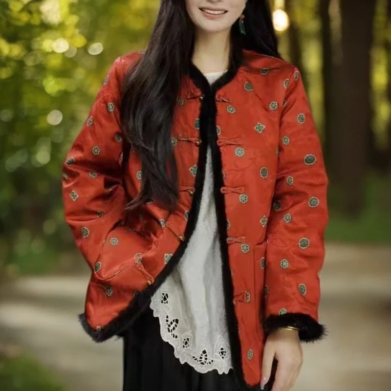 新中式国风重磅花萝缎加棉加厚圆领长袖外套2025冬季新款原创正品