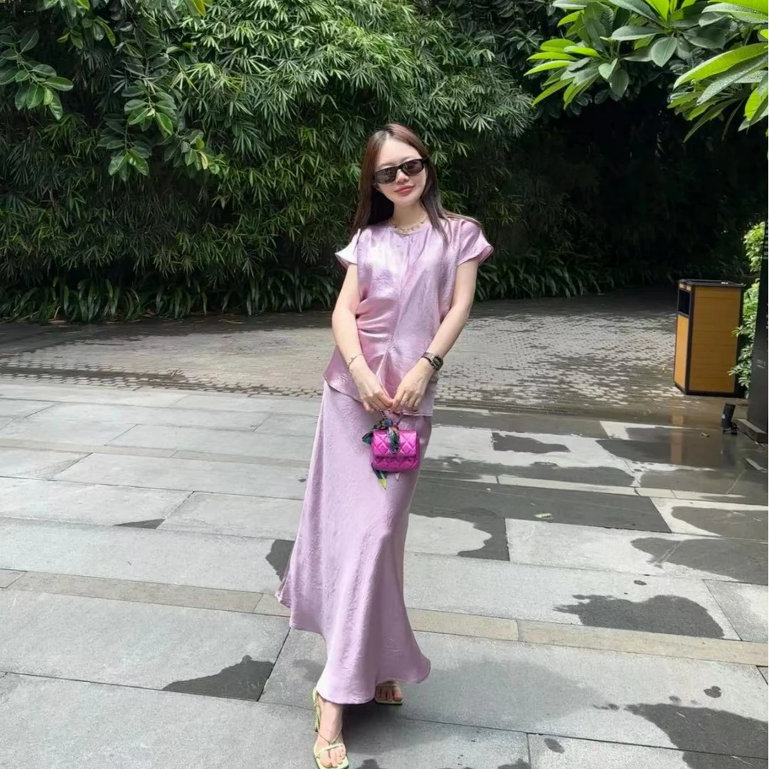 【BORAKOO】粉色~醋酸褶皱显瘦新中式半身裙