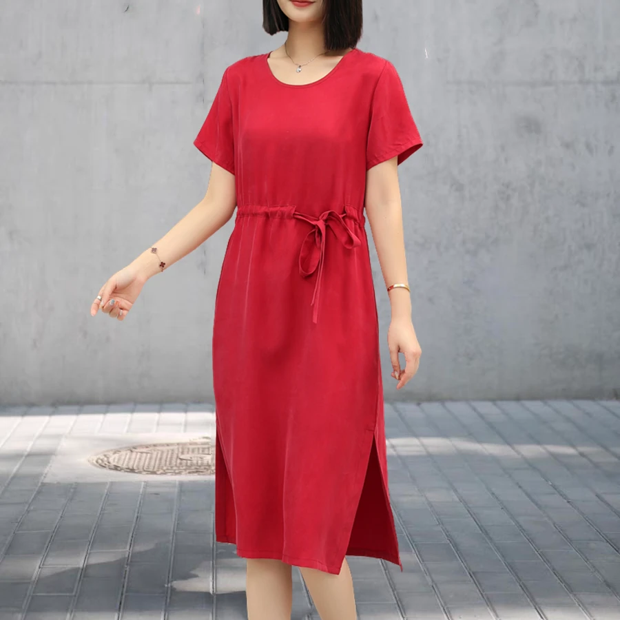 2025新款重磅真铜氨丝连衣裙女夏季绑带宽松圆领百搭薄款短袖裙子