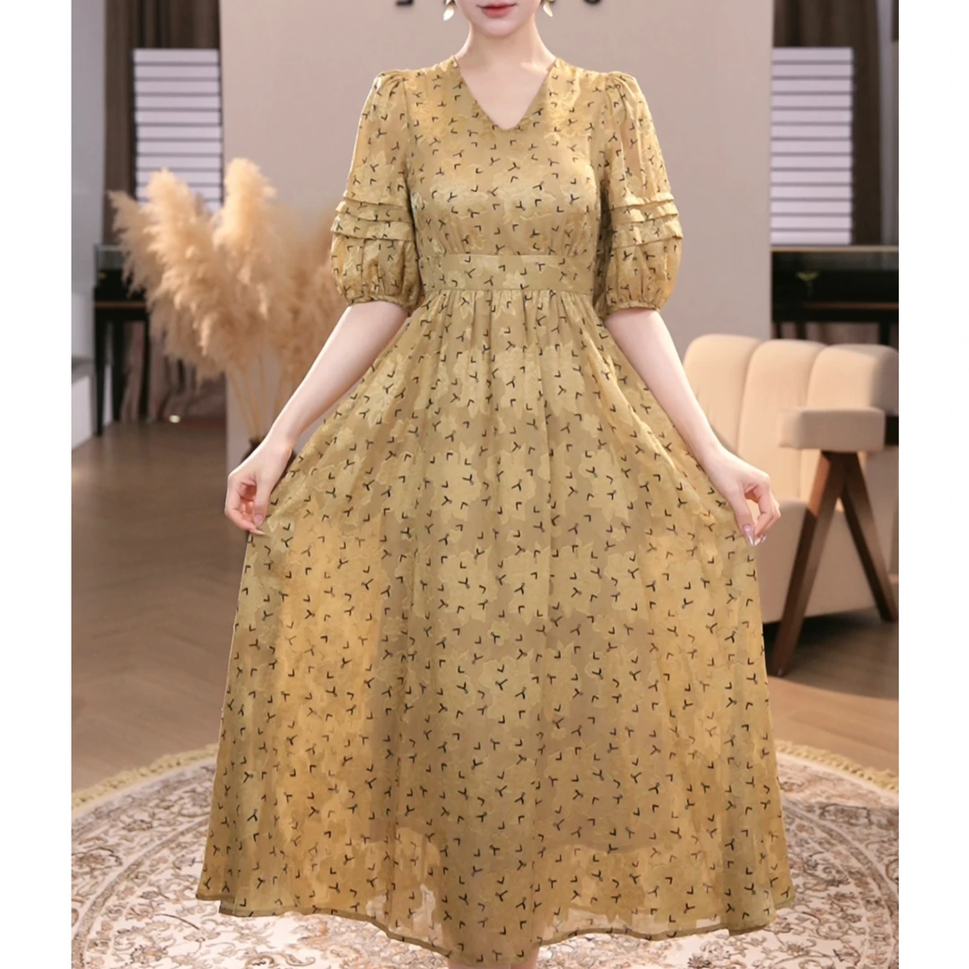 现货2025夏季新款【1968】气质小众设计中长裙显瘦碎花连衣裙子
