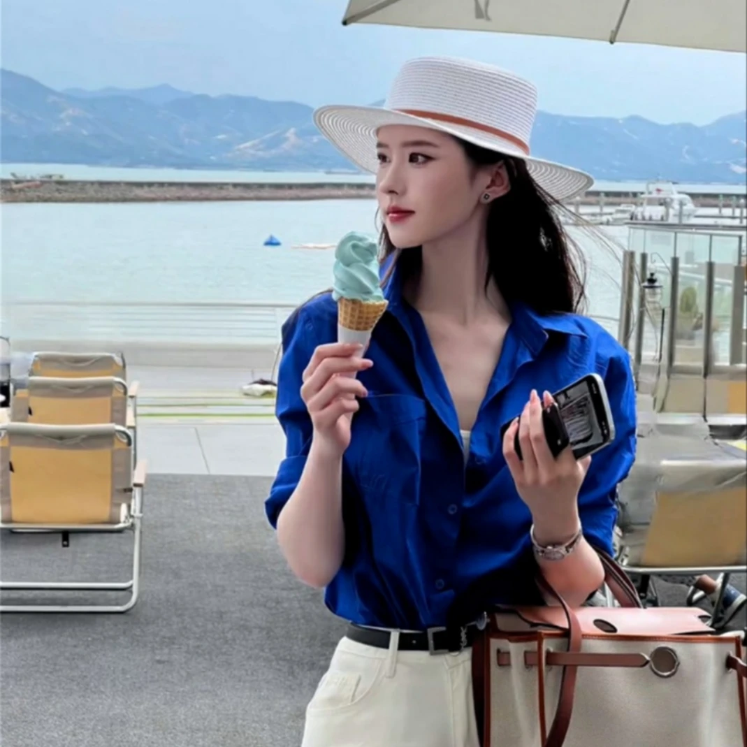 克莱因蓝色衬衫外套女早春2025新款春秋长袖衬衣法式气质宽松上衣