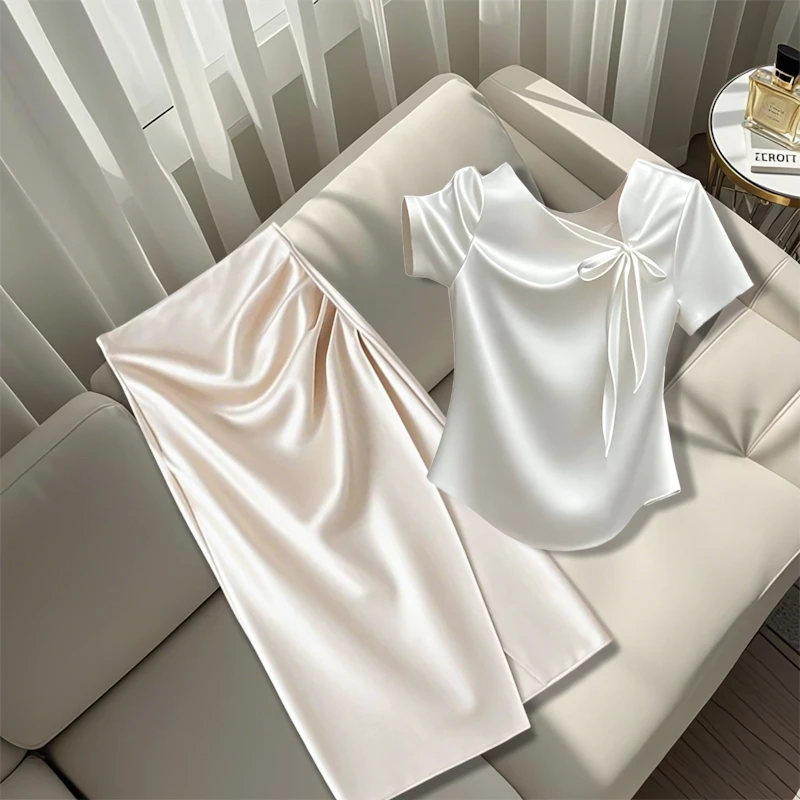 单/新中式短袖上衣女士夏季新款蝴蝶结时尚休闲百搭半身裙两件套