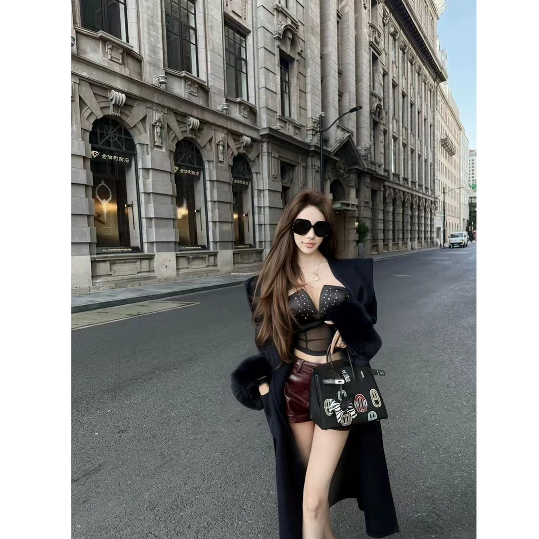 【心动的爱人】黑色性感烫钻抹胸背心带胸垫配酒红色pu皮裤a字短裤