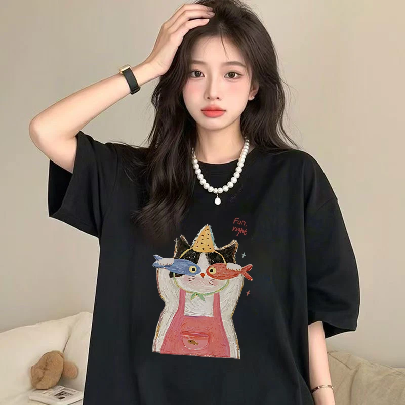 百搭纯棉情侣款圆领常规款短袖男友风落肩袖T恤印花ins半袖夏季