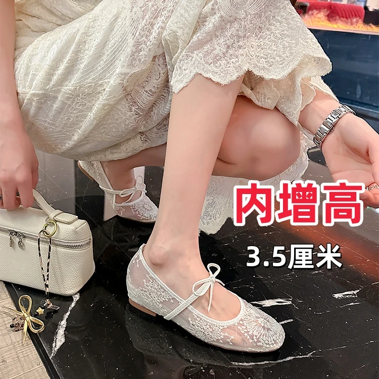 拼色春季蝴蝶结刺绣蕾丝平底单鞋玛丽珍鞋鞋子浅口内增高夏季