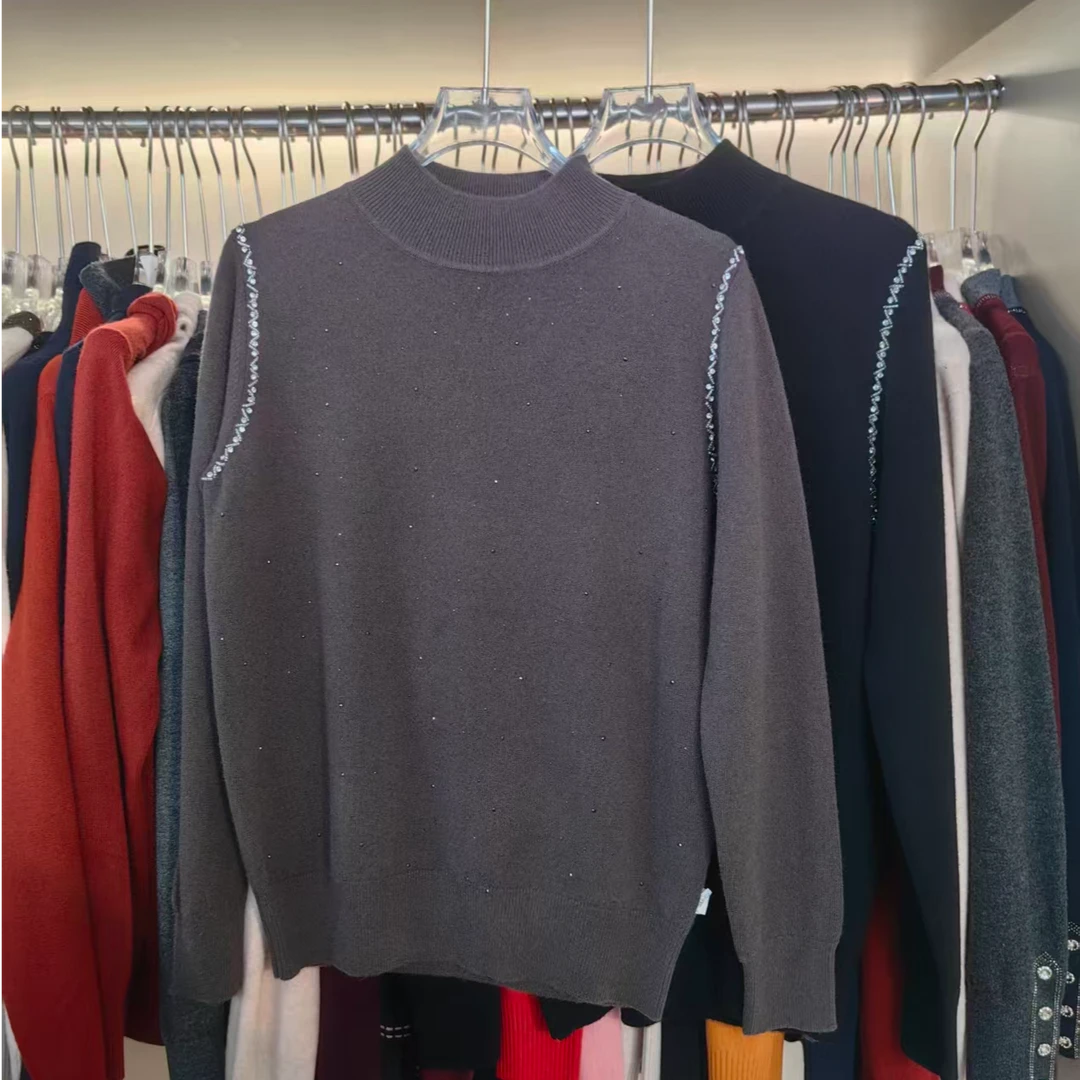 黛妍768冬季新款100%羊毛百搭显瘦肩部钉珠半高领针织上衣