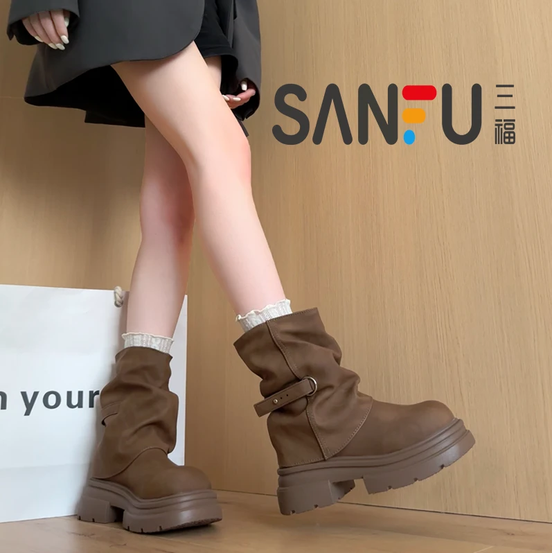 三福美拉德短筒马丁靴女2025秋冬季新款英伦风复古圆头厚底裤管靴