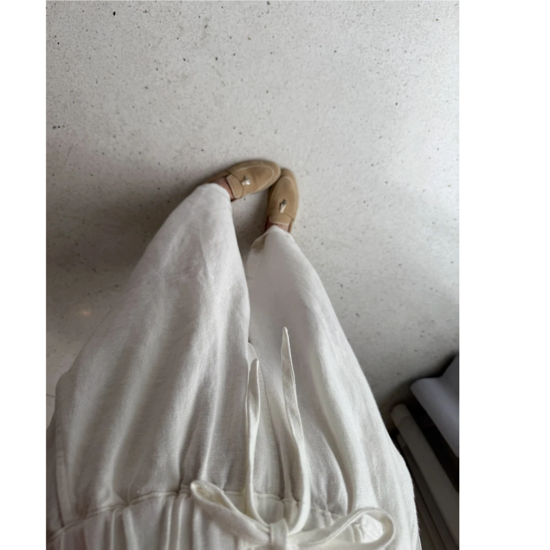 syna云朵裤 简约通勤显瘦麻料直筒白色麻裤