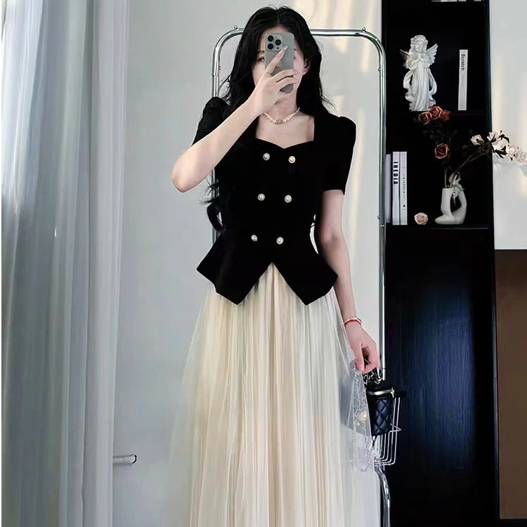 大码黑色小香风连衣裙女夏修身御姐气质女神范高级感纱裙套装3016