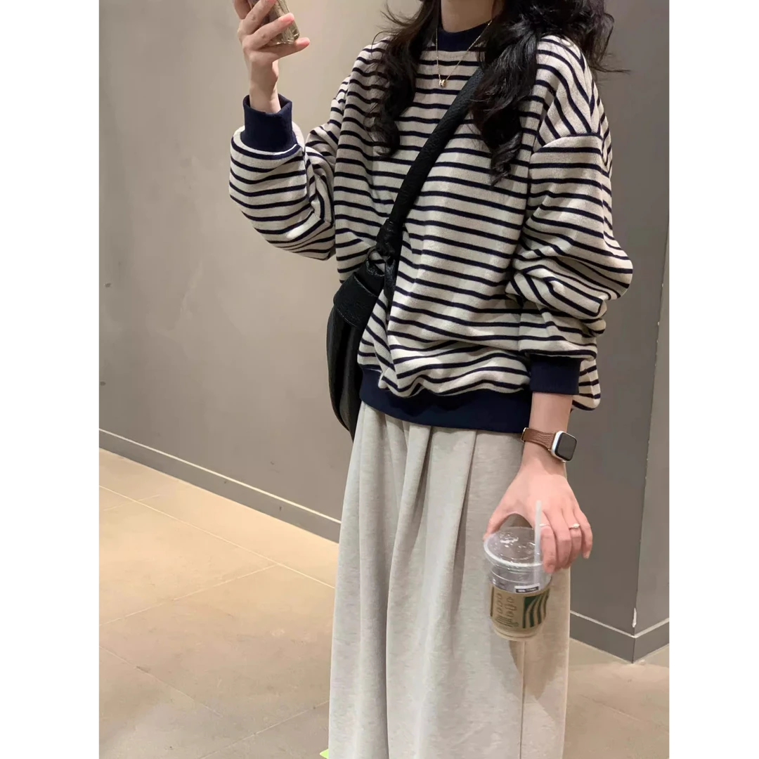 复古条纹长袖圆领卫衣女秋装2025新款宽松设计感大码休闲针织上衣