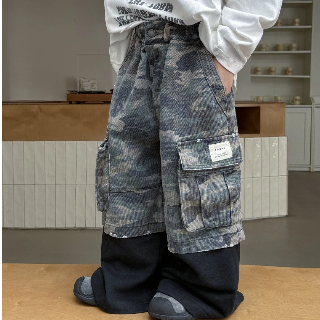 麦哟哟男童秋季拼接牛仔裤潮酷休闲百搭宽松韩版潮流帅气洋气迷彩